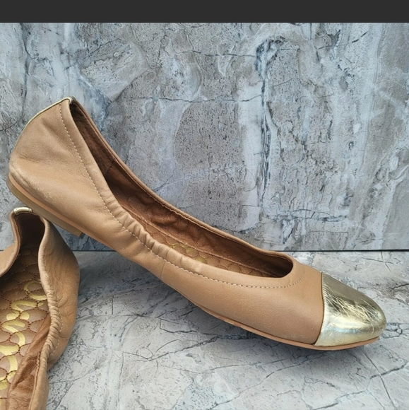 Sam Edelman Women's 7.5 Baxton 2 Tan Leather Gold Cap Toe Slip On Ballet Flats - Picture 9 of 11